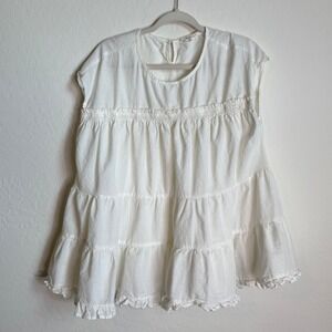 Easel Los Angeles White Cotton Tiered Babydoll Top Sleeveless Smocked Peplum M